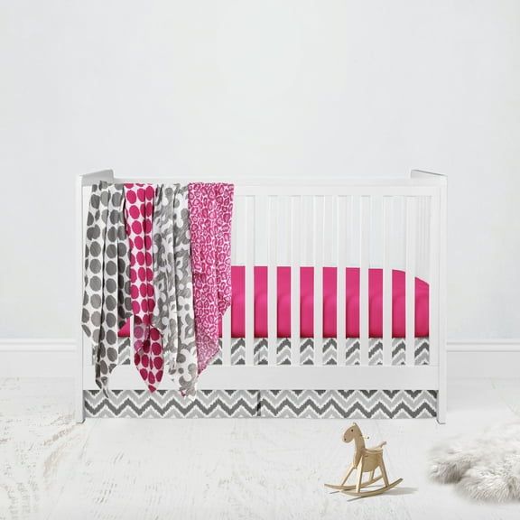 Bacati - Ikat 6-Piece Crib Bedding Set with four 100% Cotton Muslin Swaddling Blankets, Pink/Grey