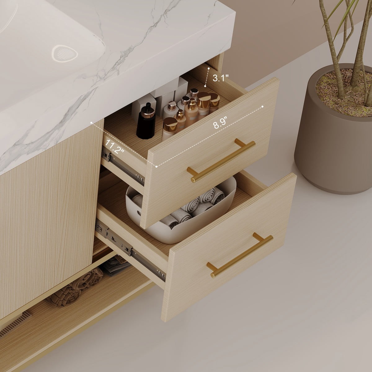 36" Bathroom Vanity with Sink, Freestanding Bathroom Vanity Cabinet with Sintered Stone Top, Seamless Ceramic Basin, Gold Stainless Steel Legs, Storage Drawers & Open Shelf, White &Wood