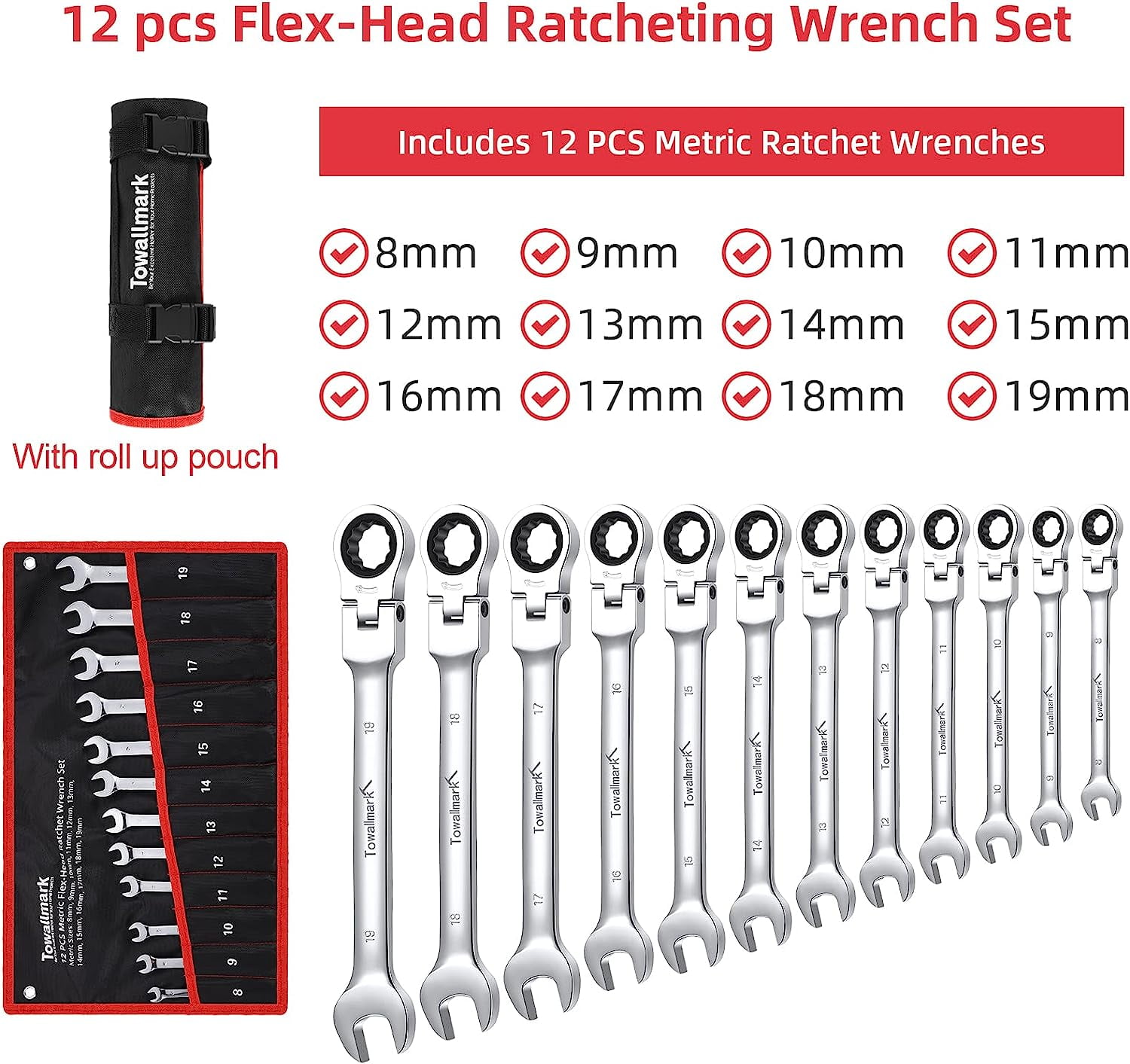 GoFashion 12-Piece Flex-Head Wrench Set, Ratcheting Combination Set, Metric 8-19mm, 72-Teeth,Cr-V Steel Ratchet Wrenches Set with Storage Bag