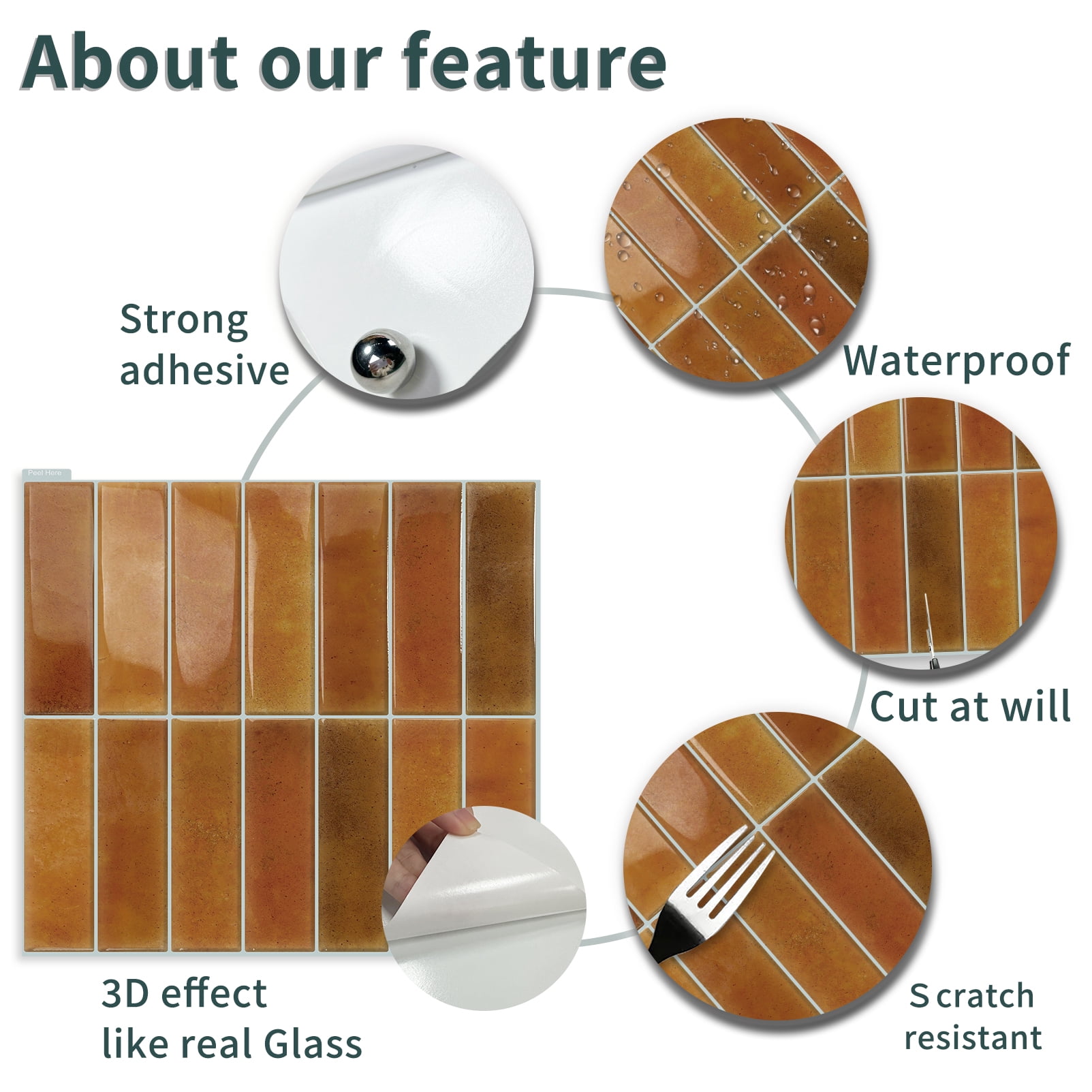DEWOO 10 Sheet Peel and Stick Backsplash Tile,3D Self Adhesive Wall Tiles Stick on Backsplash for Kitchen,Bathroom,Camper (12"×12",Orange)