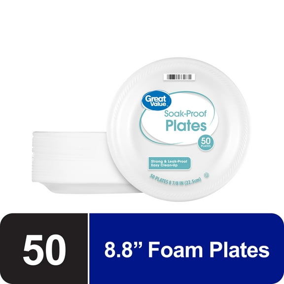 Great Value Soak-Proof Disposable Round Foam Plates, 8.8 in, 50 Count