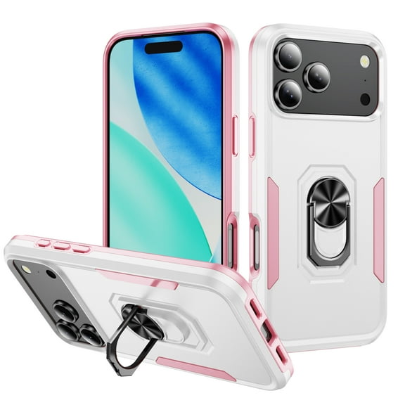 Phone Case Compatible with iPhone 17 Pro Max, Cover with Magnetic Ring Holder Stand Hybrid Rugged Shockproof Drop Proof Heavy Duty Cell Accessories for iPhone 17 Pro Max Women Men, White/Pink
