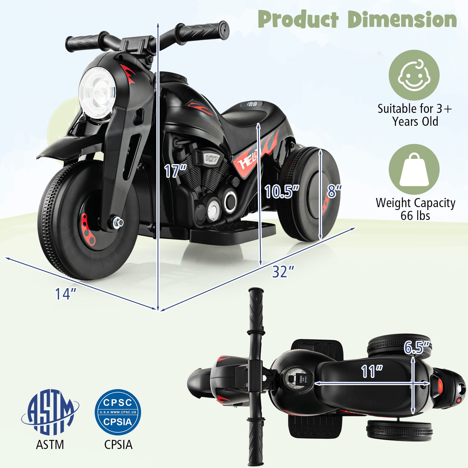 Infans 6V Kids Bubble Car Electric Ride on Motorcycle w/ Music Button & LED Headlight
