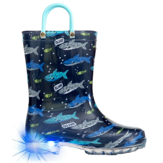 Toddler Boys Rain Boots Little Kids Baby Light Up Rubber Printed Waterproof Mud Insulated Shoes Shark Blue Lightweight Adorable with Easy-on Handles Non Slip Size 8