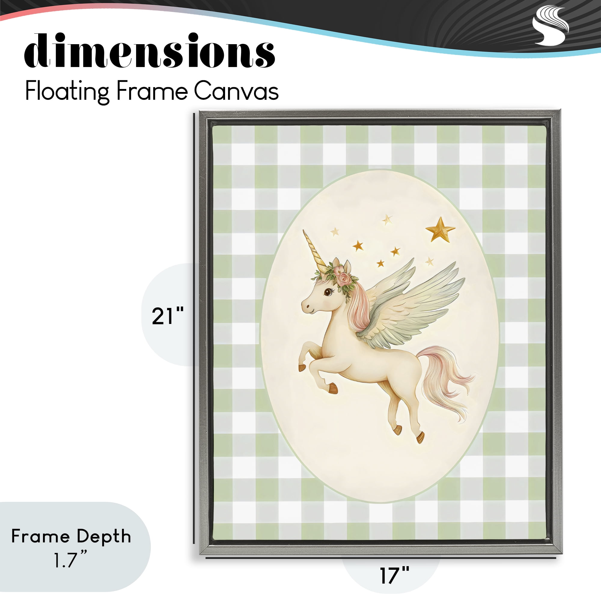 Stupell Industries Winged Unicorn over Green Gingham Gray Framed Floater Canvas Wall Art, design by Arlington Prints