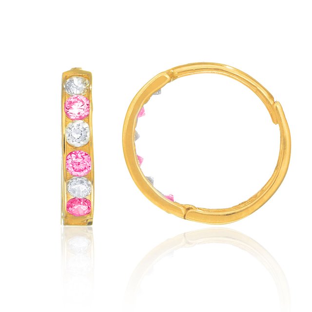 14k Yellow Gold 11-mm Pink Cubic Zirconia Hinged Hoop Earrings