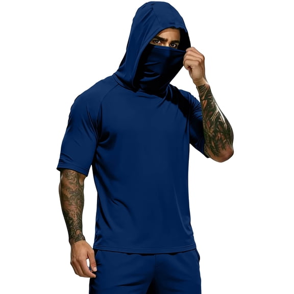 ZVNAΖH Men's Sun Protection Hooded T-Shirt, Short Sleeve Athletic Top with Face Mask for Workout & Outdoor, S-3XL