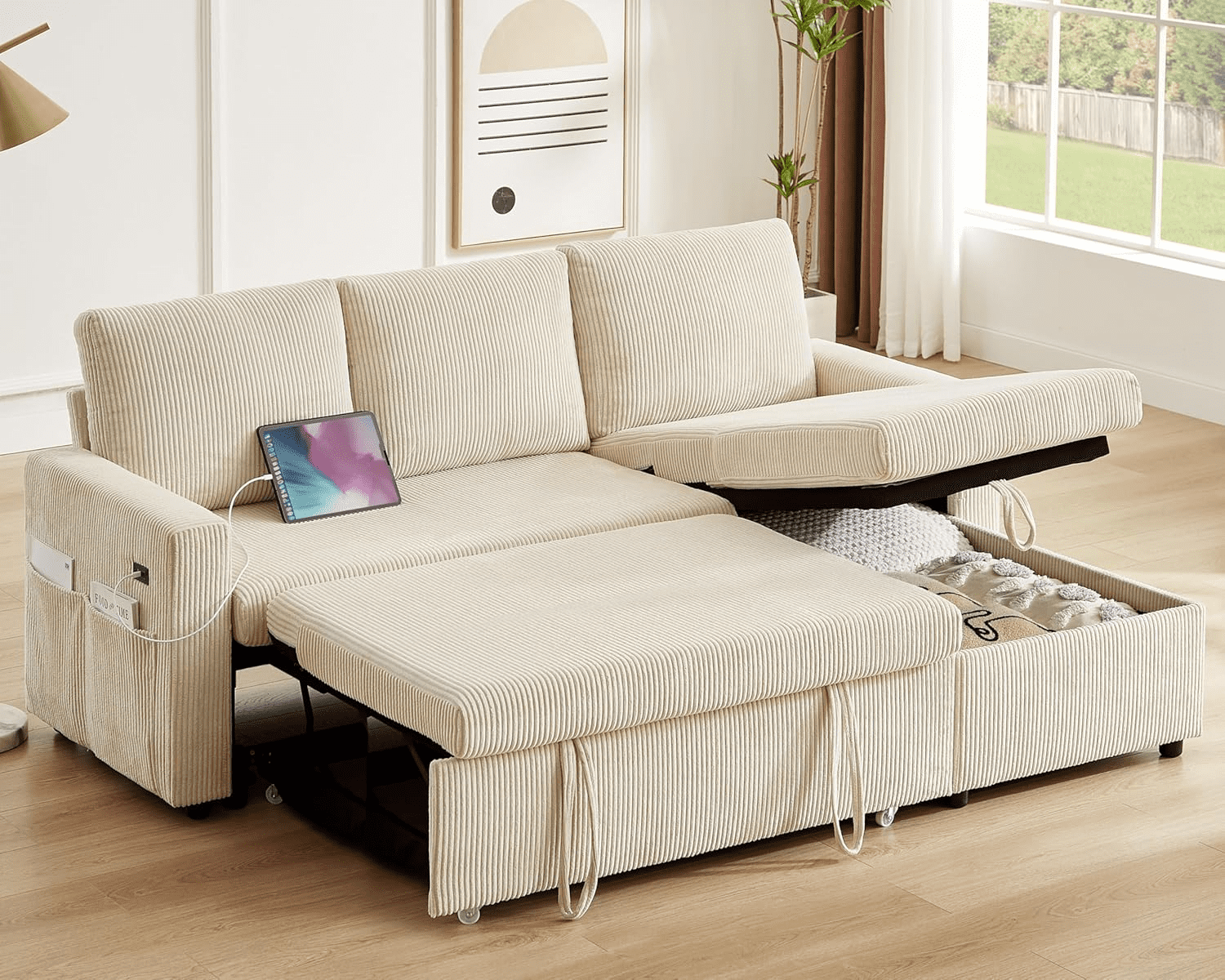 81"L-Shape Convertible Sleeper Sectional Sofa with Storage Chaise and Pull-Out Bed,Reversible Corner 3 Person Couch, for Living Room, Apartment,USB Ports