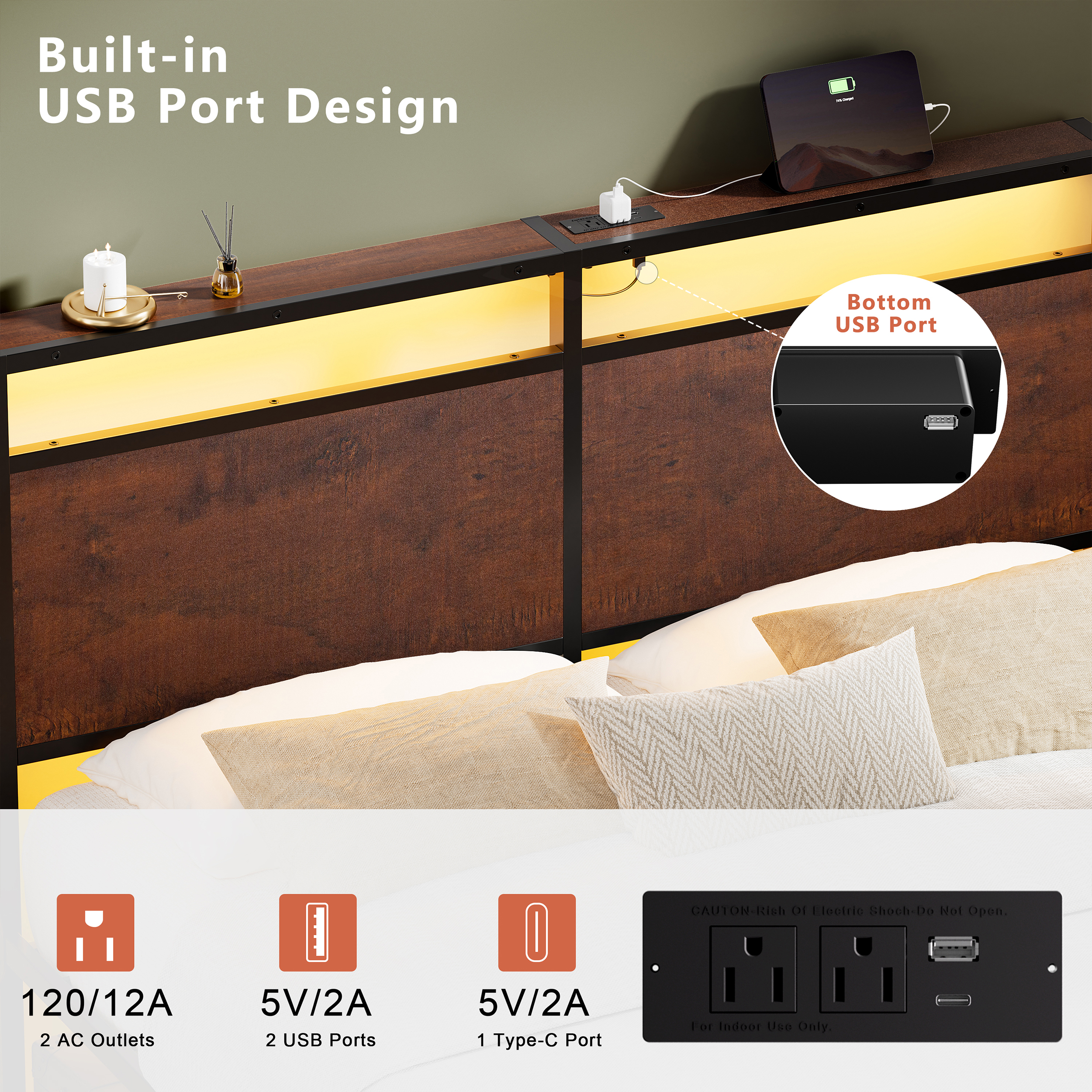 GUNAITO Full Size Bed Frame with Headboard Metal Platform Bed with LED Lights and Charging Station, Rustic Brown