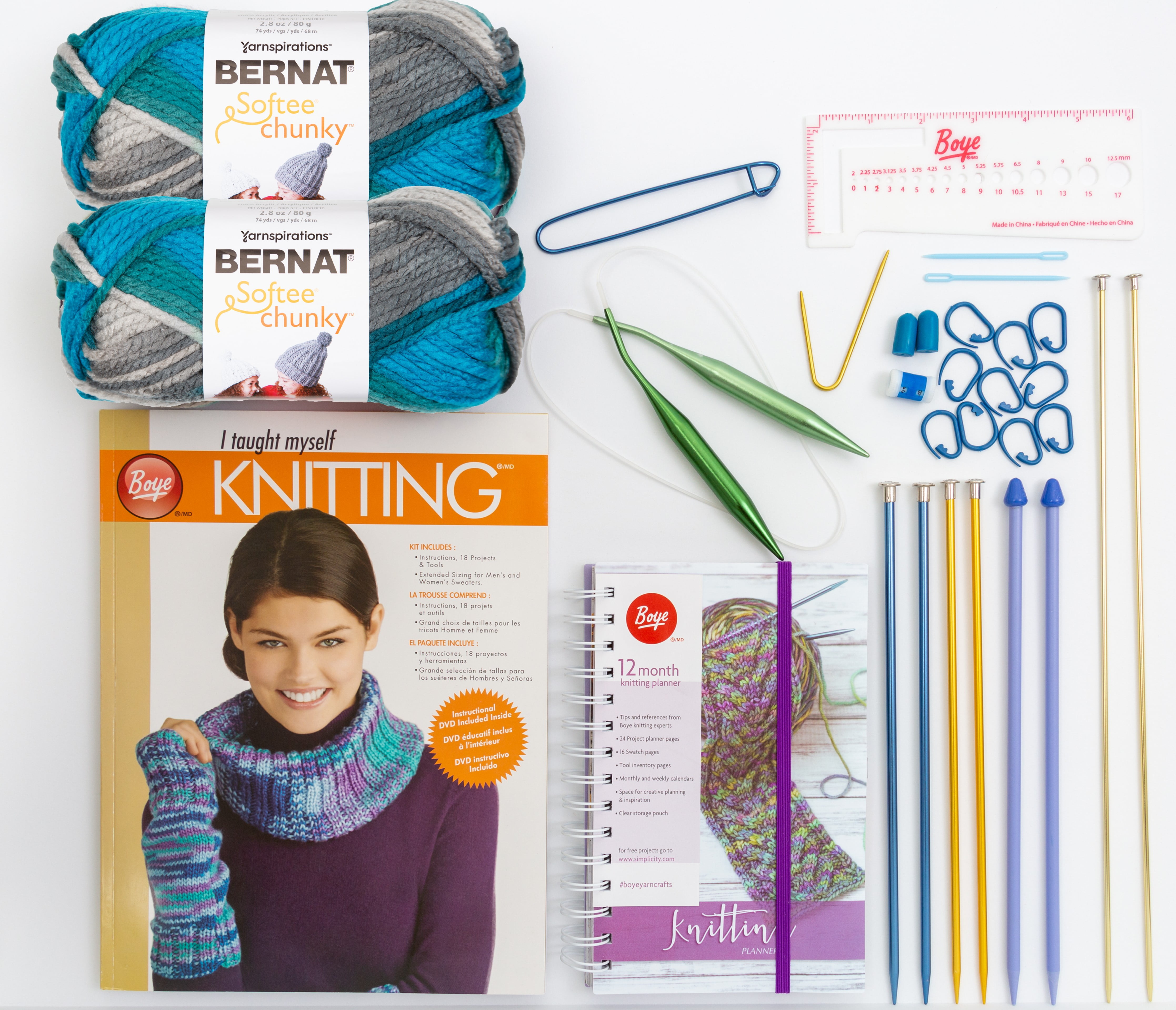 Eselect Knitting Bundle for Beginners - Boye Teach Yourself to Knit Kit, Bernat Softee Chunky Deep Waters Ombre Yarn, Craft Bag, Boye 12-Month Planner, Knit Needles, Carabiners & More