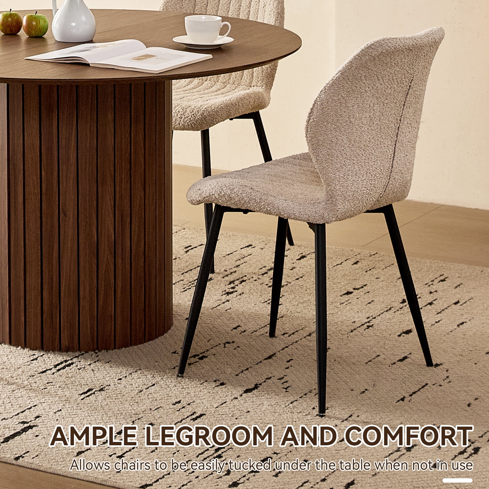 47" Round Dining Table Set of 4, Wood Kitchen Table with 4 Beige Boucle Dining Chairs