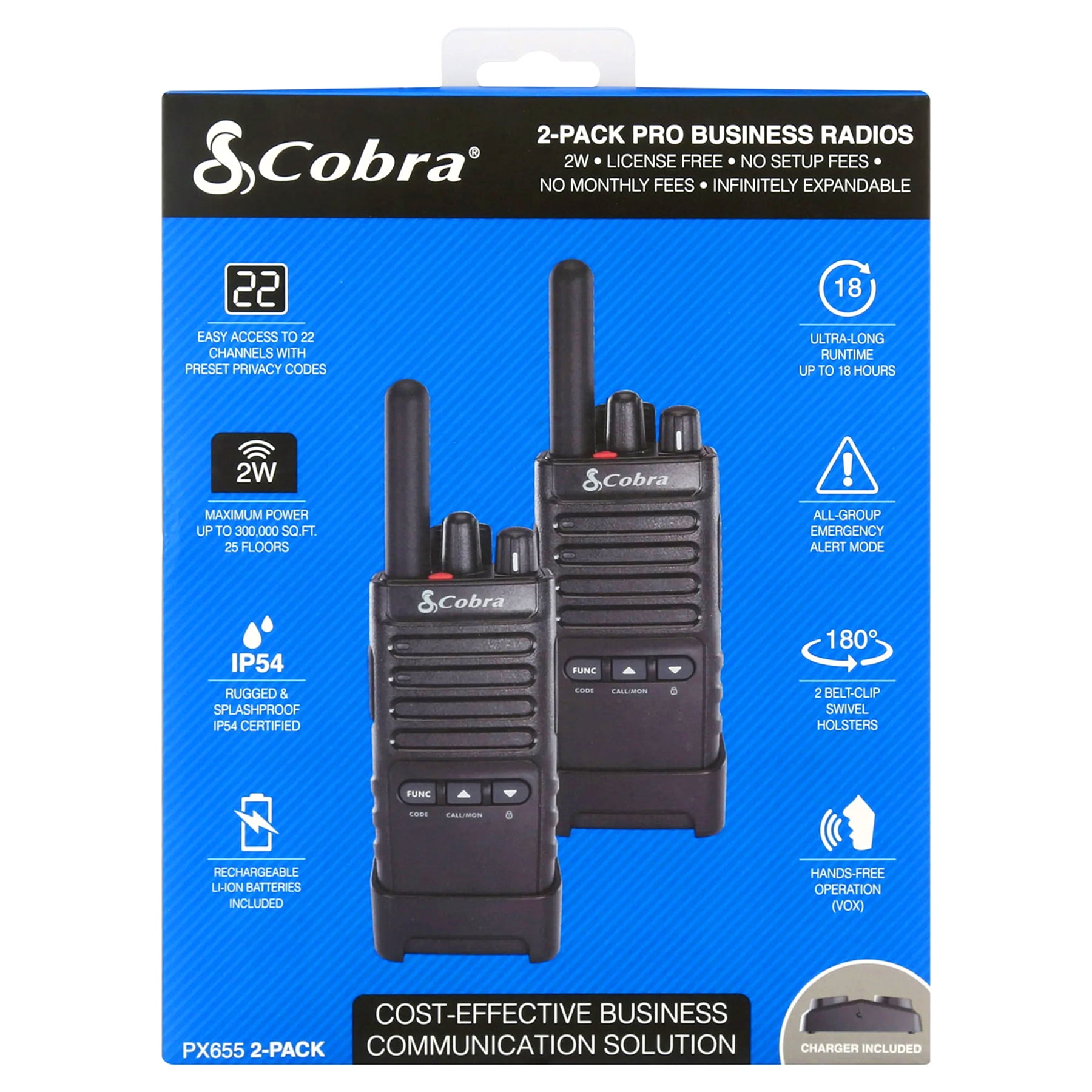 Cobra PX655 Pro Business 2W FRS Two-Way Radios Pair, IPX4 Waterproof Walkie Talkies, 22 Channels, 25-Floor Range