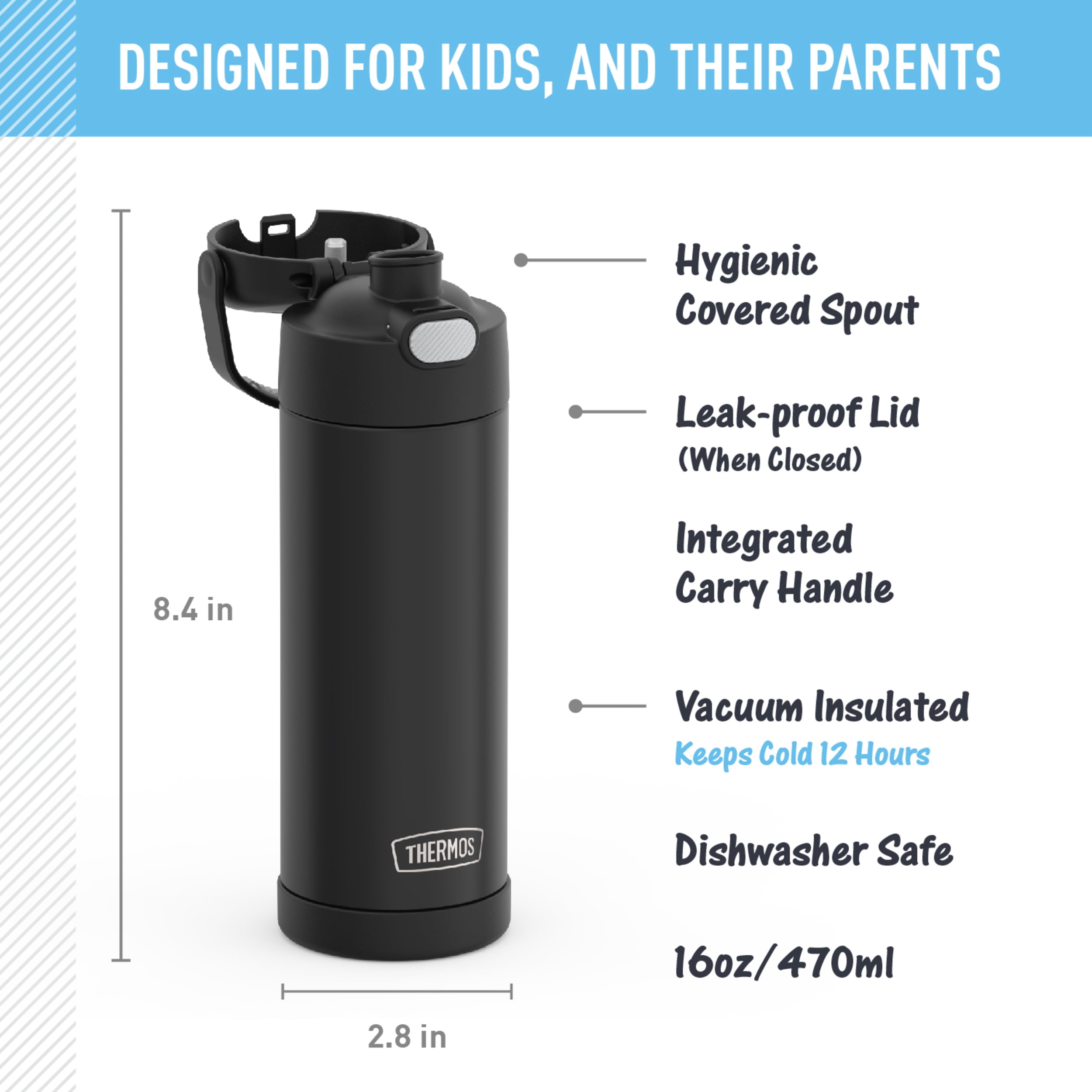 (4 pack) Thermos Stainless Steel Funtainer Water Bottle with Chug Spout 16 oz Black