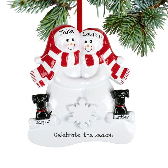 Snowman Couple with 2 Black Dogs Ornament
