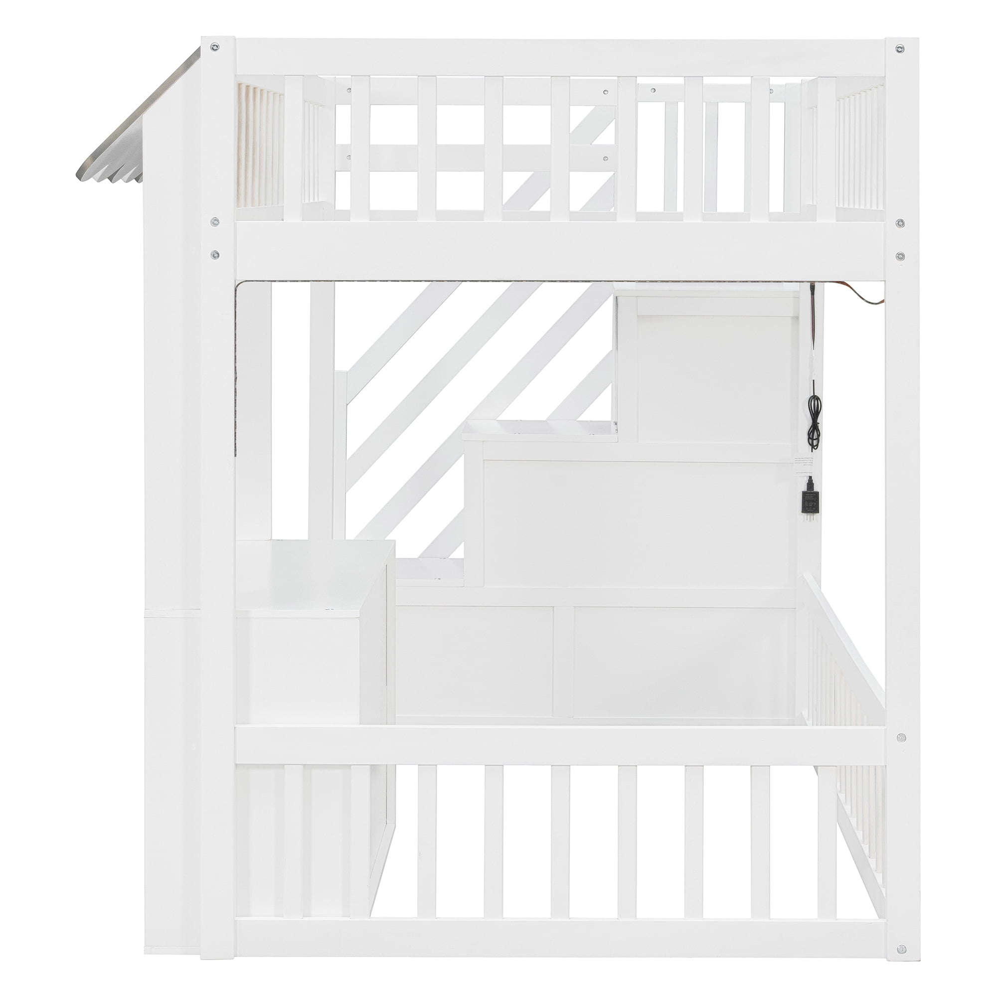 Mintazer Twin Size Loft Bed with Play Storefront & LED Lights, Kids Loft Bed with Guardrail and Storage Staircase & Cabinet for Bedroom, White & Gray