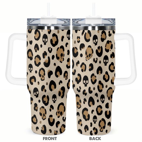 40oz Leopard Skull Pattern Travel Tumbler Insulated Car Cup with Handle Straw Stainless Steel Large Capacity Coffee Cup Gothic Animal Print Gift