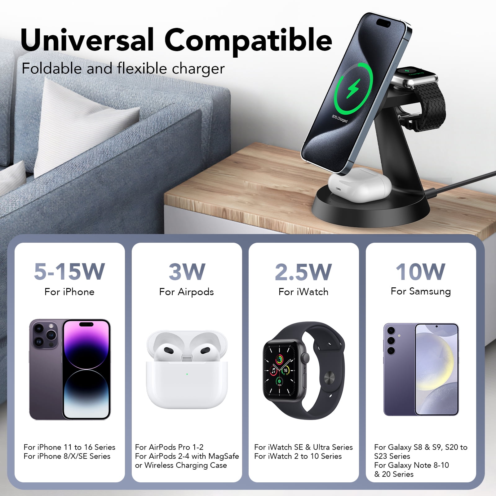 3 in 1 Wireless Charging Station, 2026 Upgraded Fast Desk Charger Station for iPhone 1716 15 14 13 12 Pro Max Plus, Charger Stand for Apple Watch 10 9 8 7 6 5 4 3 2 SE, Airpods 4 3 2 Pro, Black