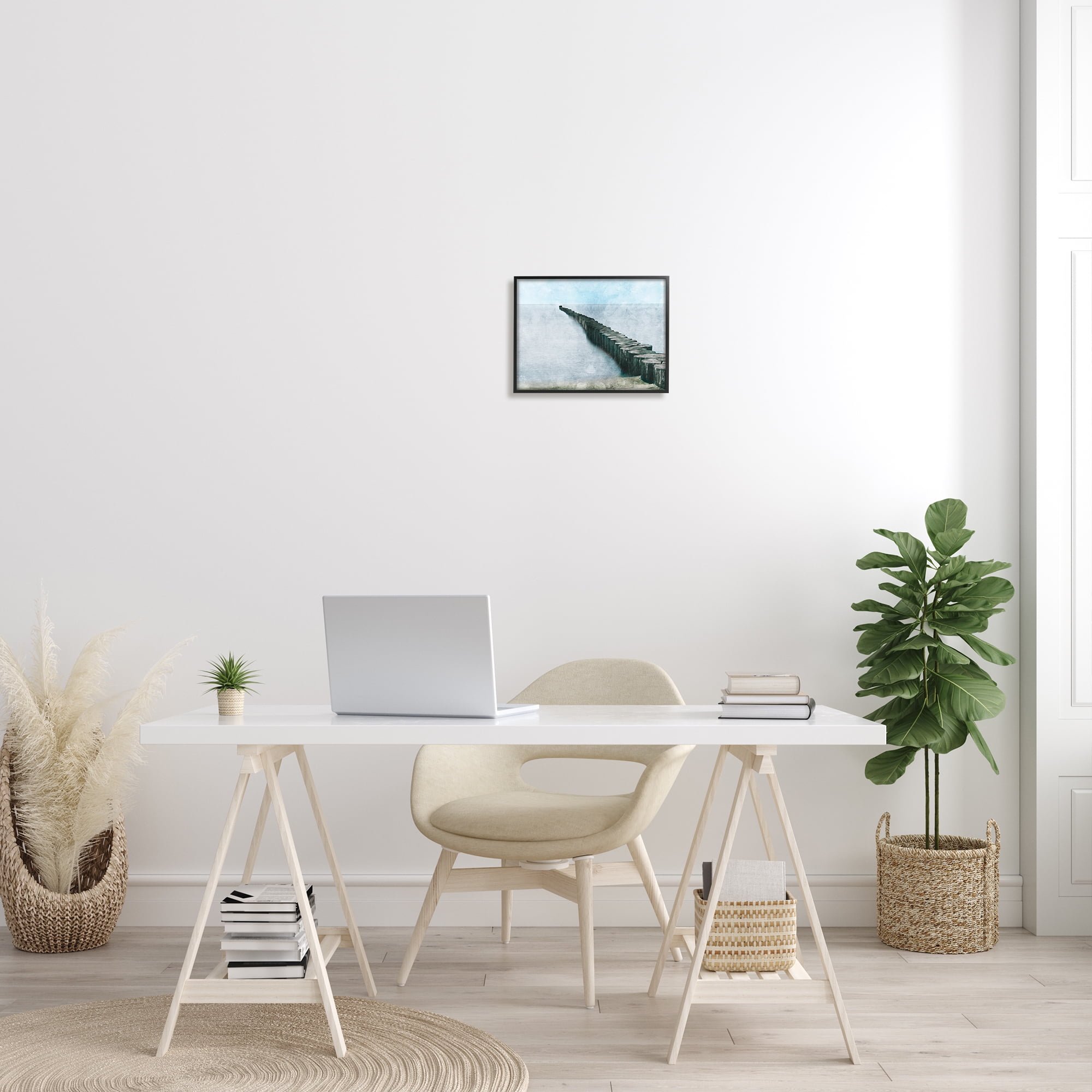Stupell Industries Shoreline Beach Piling Landscape Nautical Ocean Horizon Coastal Painting Black framed Art Print Wall Art, 11 x 14, Design by Milli Villa