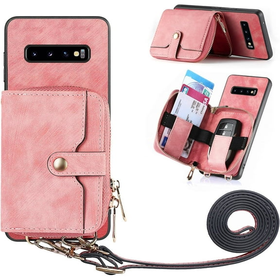 Phone Case for Samsung Galaxy S10 Zipper Wallet Cover with Credit Card Holder Slot Shoulder Crossbody Strap Long Lanyard Leather Cell Accessories S 10 Edge 10S GS10 X10 Women Girls Men Pink