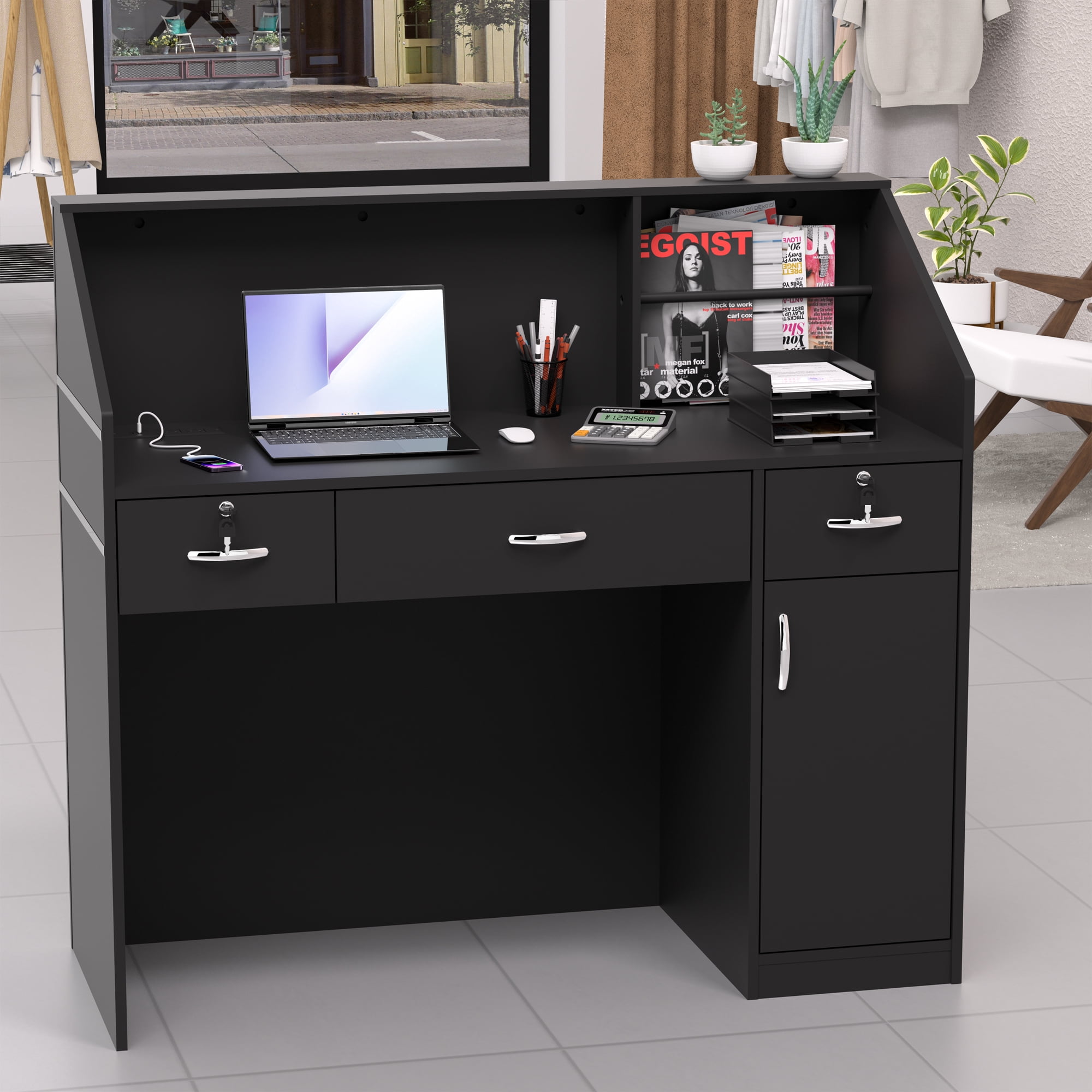 HARIPUL 50-inch Reception Desk with Counter, Front Desk Office Desk with Storage Shelves, Black