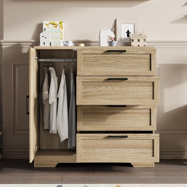 Armoire Garde-Robe de 43,3 Po H avec 4 Tiroirs et Tringle, Commode Multifonctionnelle en Bois à 4 Tiroirs avec Placard de Rangement, Armoires de Rangement pour Vêtements pour Chambre, Chêne Naturel