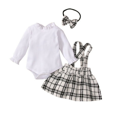 

Baby Girls Cotton Plaid Autumn Long Sleeve Romper Bodysuit Suspender Dress Headbands Set Clothes