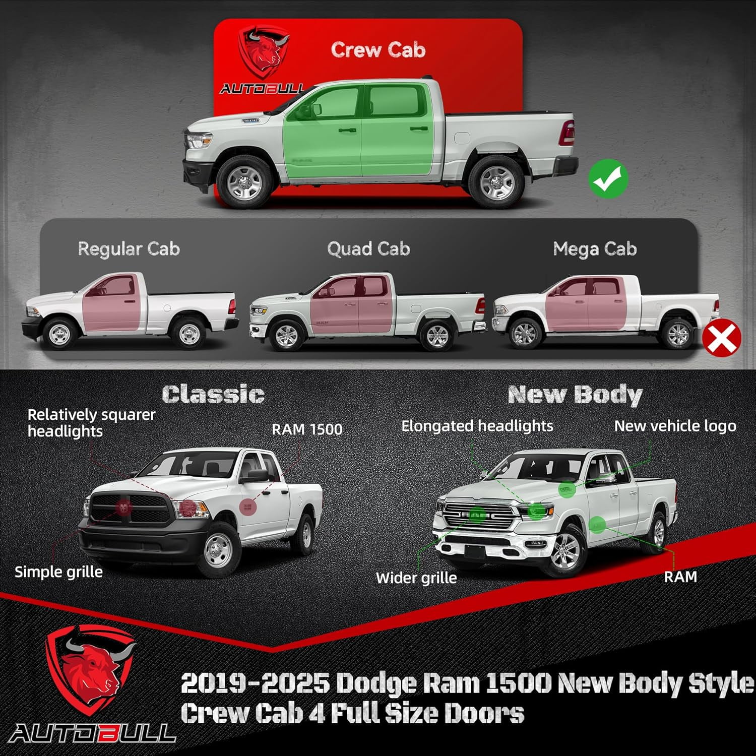 AutoBull 6" Running Boards for 2019-2026 Dodge Ram 1500 Crew Cab Nerf Bars Side Step