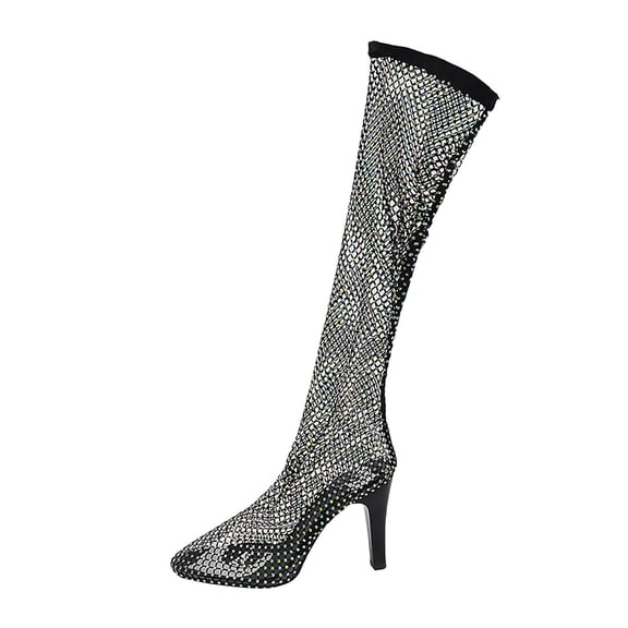 NOKIO Hollow Rhinestone Boots for Women, Women's Solid Color Mesh Round Boots Rhinestone Shoes Thin High Heels Party Long Boots Thin Heel Knee High Boots Shoes Heels Party Outdoor