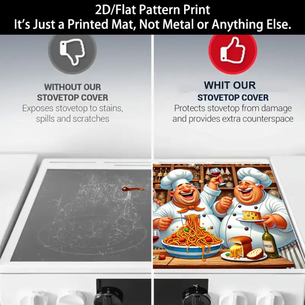 1 2D/flat stove cover protection pad, cartoon-style happy fat chef food feast pattern design, 28.3x20.5 inches (72×52cm), easy to clean, perfectly suitable for any kitchen, washing machine, dryer, st
