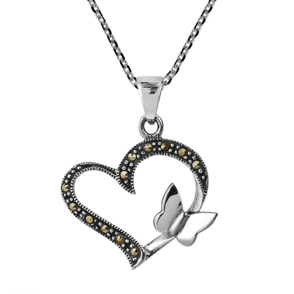 Butterfly Kiss Open Heart Marcasite Style Pyrite .925 Sterling Silver Pendant Necklace