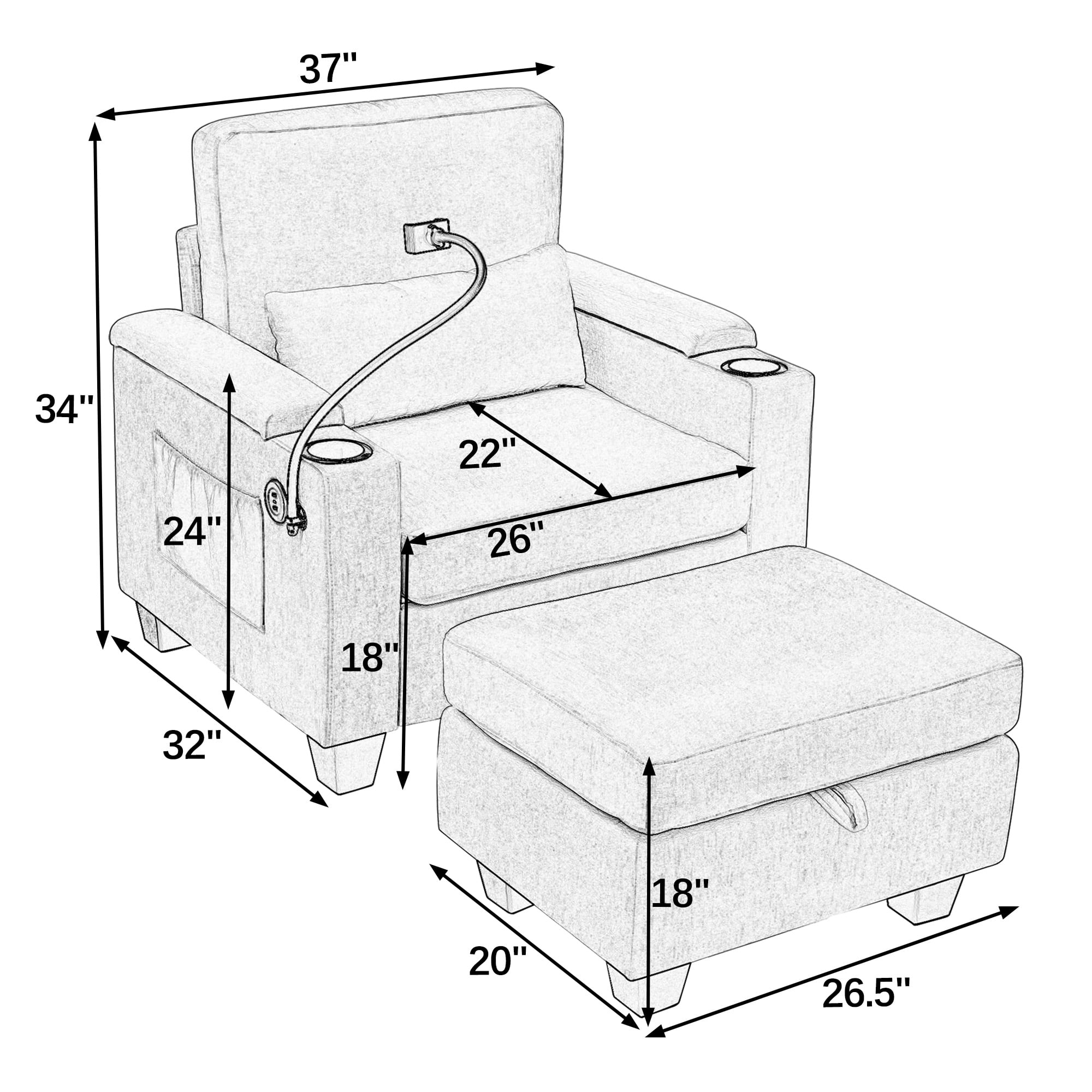 Recliner Chair with Adjustable Backrest, Cup Holders, USB Charging Port, Phone Stand, Arm Storage and Storage Ottoman
