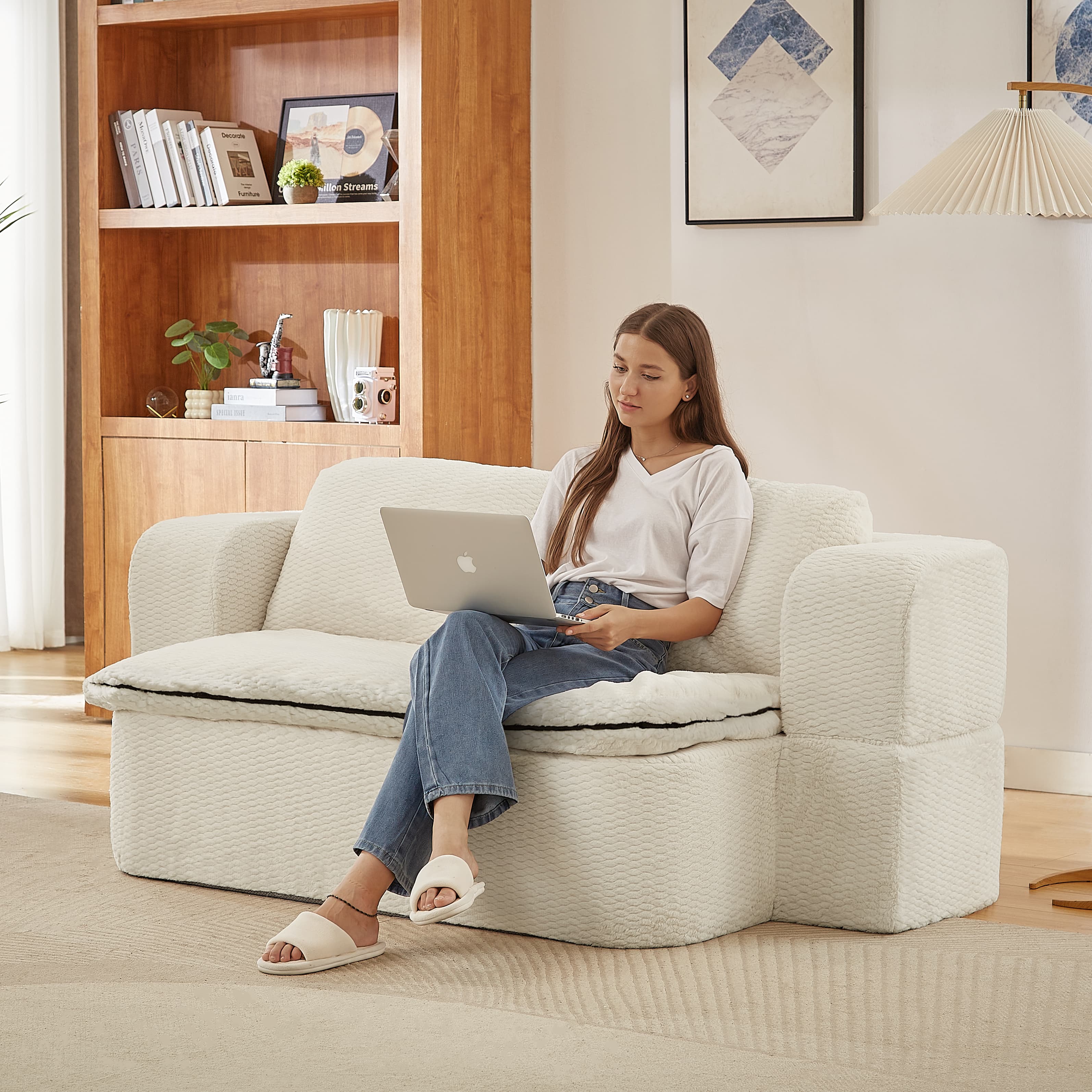MAYEERTY Convertible Plush Sofa Bed, Modern Folding Compression Sleeper Couch for Living Room, 75*41*26"Cream