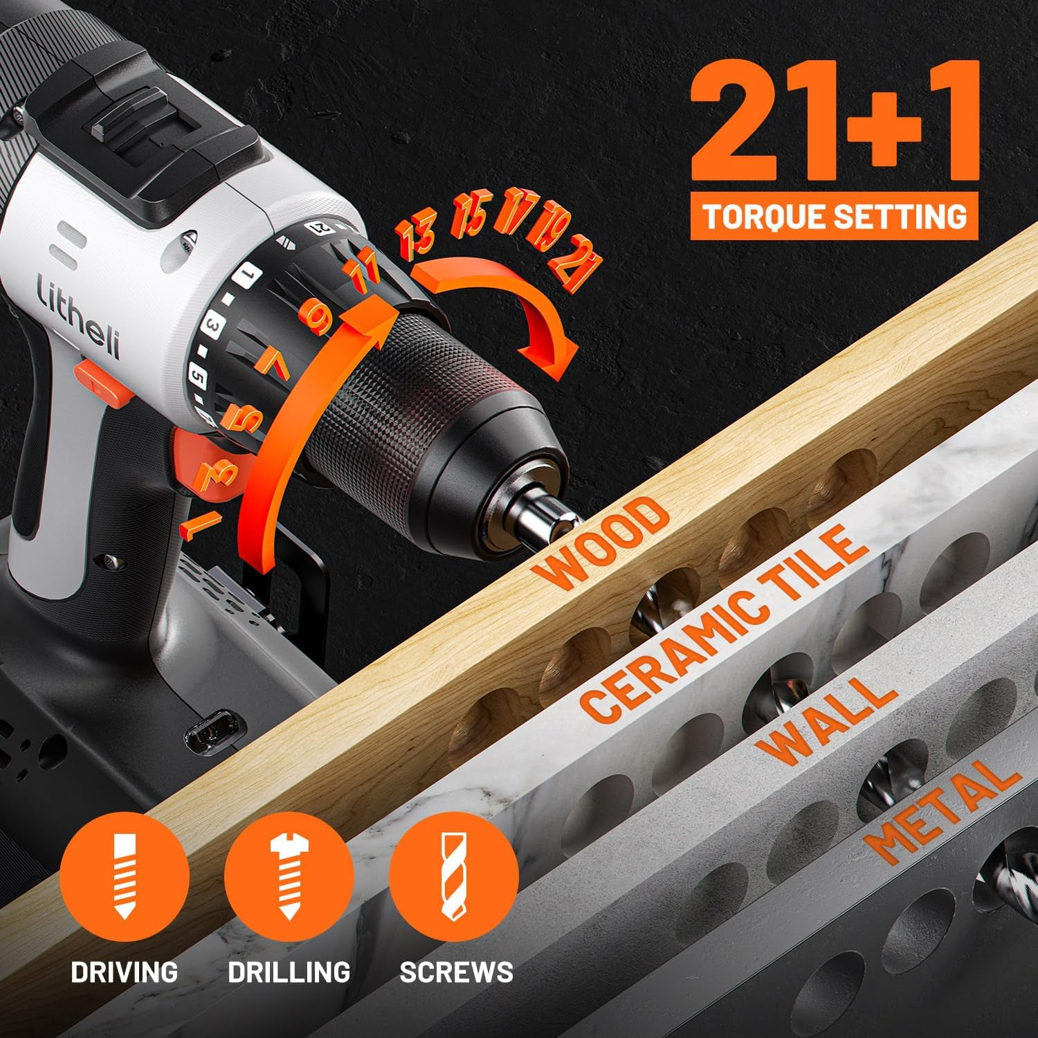 20V Cordless Drill Driver with 50-Piece Bit Set, 443 In-lbs Torque, 2-Speed Power Drill for Home Improvement