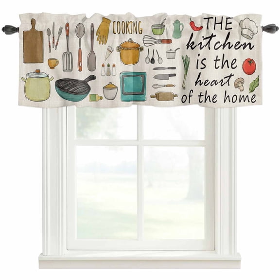 Kitchenware Rod Pocket Curtain Valance, Vintage Kitchen Cooking Tool Retro Beige Farmhouse Window Valance for Living Room, Bedroom, Kitchen 60"W x 18"L