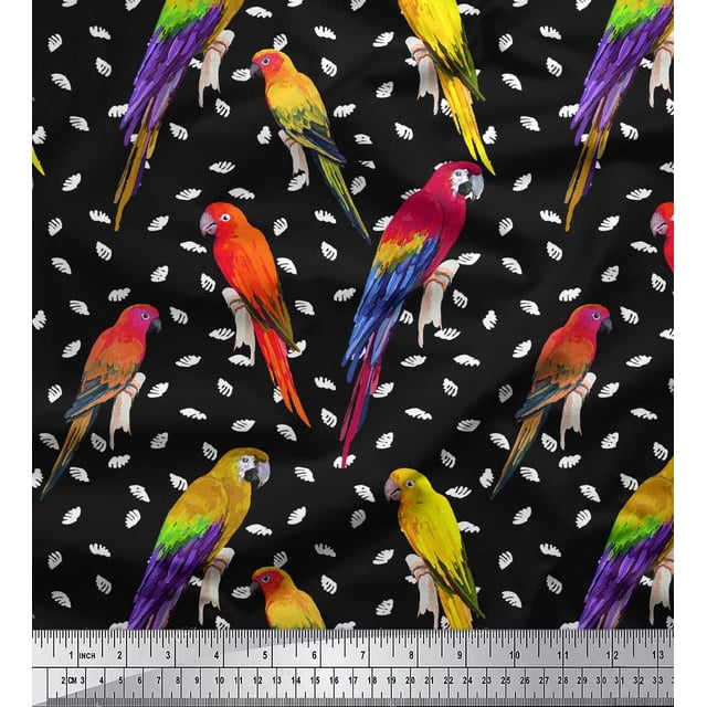 Soimoi Black Heavy Satin Fabric Macaw Parrot Bird Print Sewing Fabric Yard 56 Inch Wide