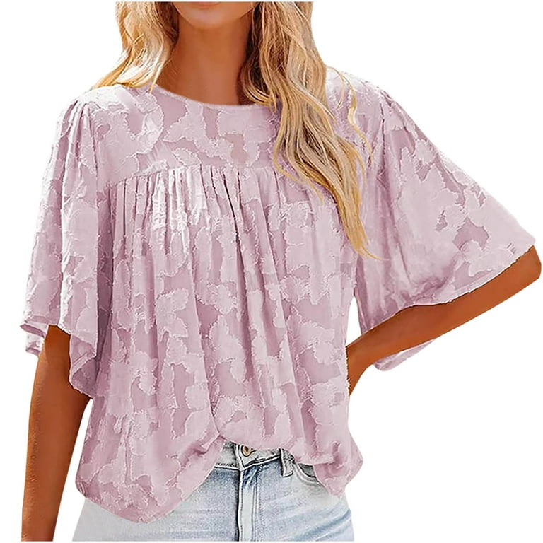 Cethrio Short Sleeve Shirts for Women- Fashion Summer Flare Sleeve Three  Quarter Floral Lace Office Lady Blouse Tops Pink 