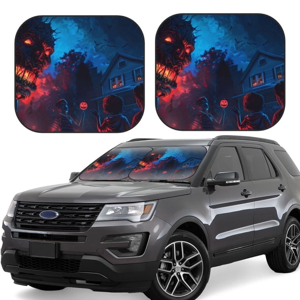 Balery Spooky Halloween Night Scene Parasol para parabrisas de coche de 2 piezas | Parasol plegable para parabrisas delantero de coche para la mayoría de sedanes-Medium