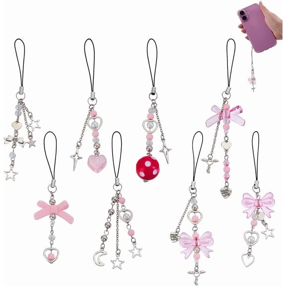 8Pcs Cute Phone Charm Silver Metal Star Mobile Charms Strap Pink Acrylic Heart Decorative Hanging Keychain Pendants for Cellphones Purses Backpacks Accessories Kawaii Gifts White