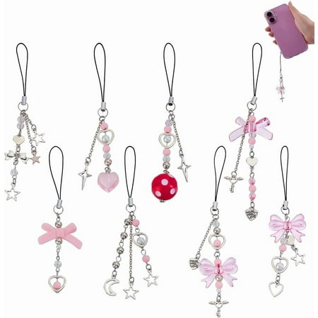 8Pcs Cute Phone Charm Silver Metal Star Mobile Charms Strap Pink Acrylic Heart Decorative Hanging Keychain Pendants for DIY Cellphones Purses Backpacks Accessories Kawaii Gifts