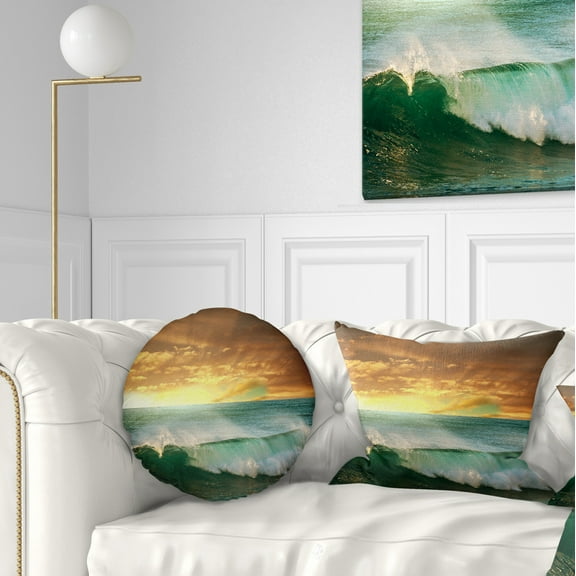 Designart Stormy White Wave in Blue Sea - Modern Beach Throw Pillow - 12x20