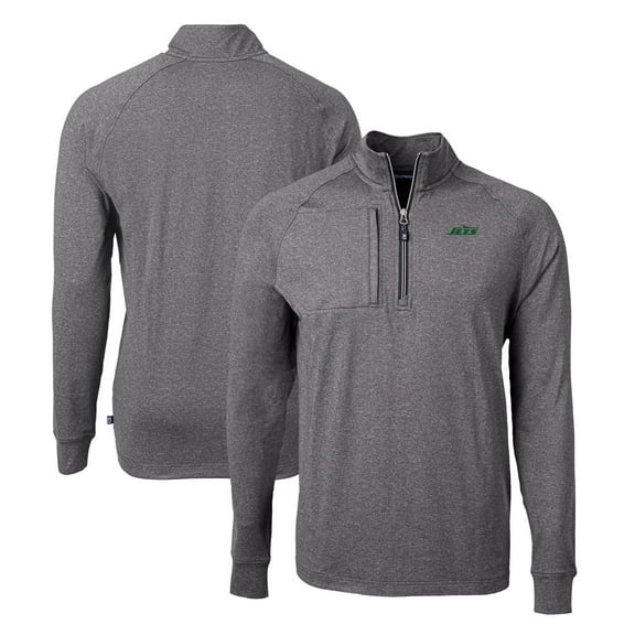 Men's Cutter & Buck Heather Black New York Jets Primary Logo Adapt Eco Knit Quarter-Zip Top