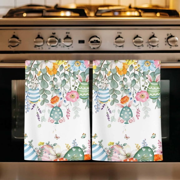Easter Eggs Kitchen Towels Set of 4, Bunny Eucalyptus Leaves Spring Flower Plant Absorbent Dish Towels for Kitchen, Microfiber Hand Towel, Quick Drying Tea Towel for Cleaning Decorative Dishcloths