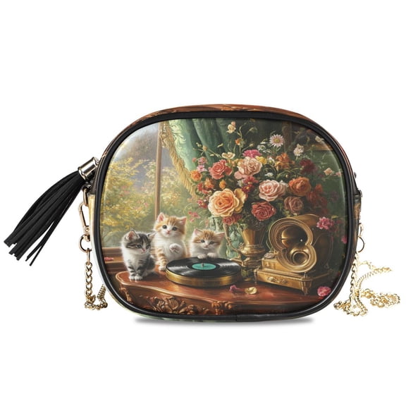 Womens Casual Chain Shoulder Bag Simple style Kittens Flowers Gramophone Vintage Setting Crossbody Bag