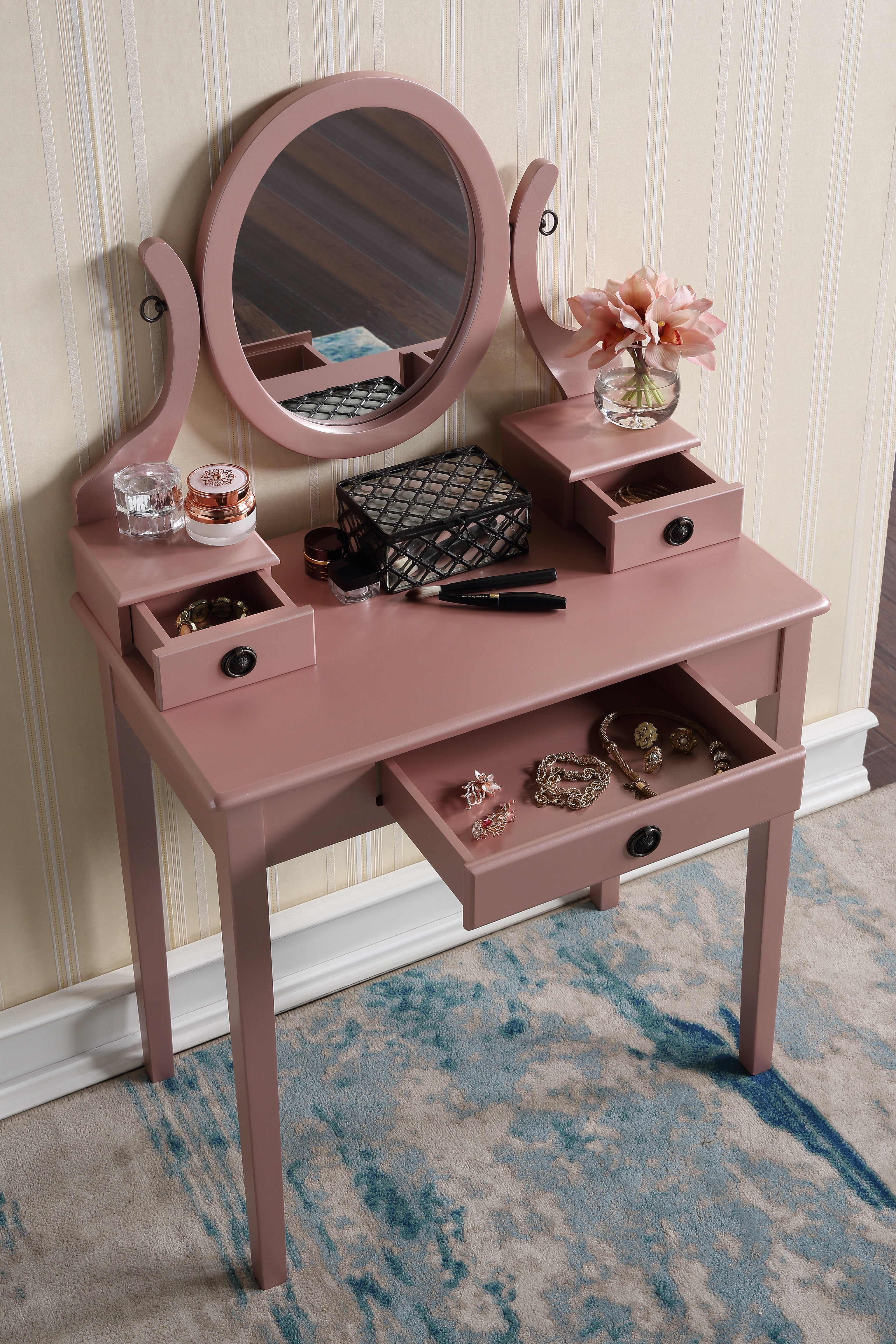 Mintazer Vanity Table Set with Adjustable Oval Mirror & Cushioned Stool, Makeup Dressing Table with 3 Drawer for Bedroom, Rose Gold