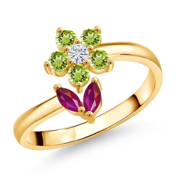 Gem Stone King 18K Yellow Gold Plated Silver Red Ruby Green Peridot and White Moissanite Flower Open Ring for Women (2.38 Cttw, Gemstone July Birthstone, Size 9)