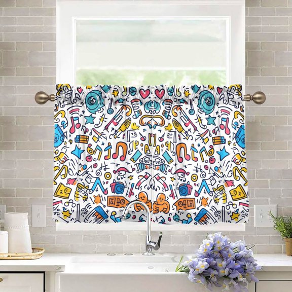 Yayeee Kitchen Curtains Tier Pair Light Filtering 27"x36" Rod Pocket Short Cafe Window Panel, Doodle Pattern