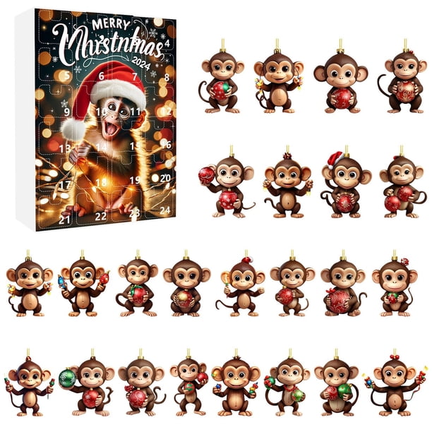 Adornos Navideños De Monos En 2D Calendario De Adviento Para Las Fiestas Navideñas De 2025 Adornos Navideños En 2D Para El Árbol De Navidad Conjunto De Adornos Para El Árbol De Navidad (24 Piezas)