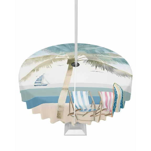 Hokiten Outdoor Tablecloths with Umbrella Hole & Zipper, Summer Beach Chair Round Tablecloth 54 Inch, Coastal Palm Trees Canoeing Waterproof Table Cloth, Patio/Pool/Picnic Table Covers