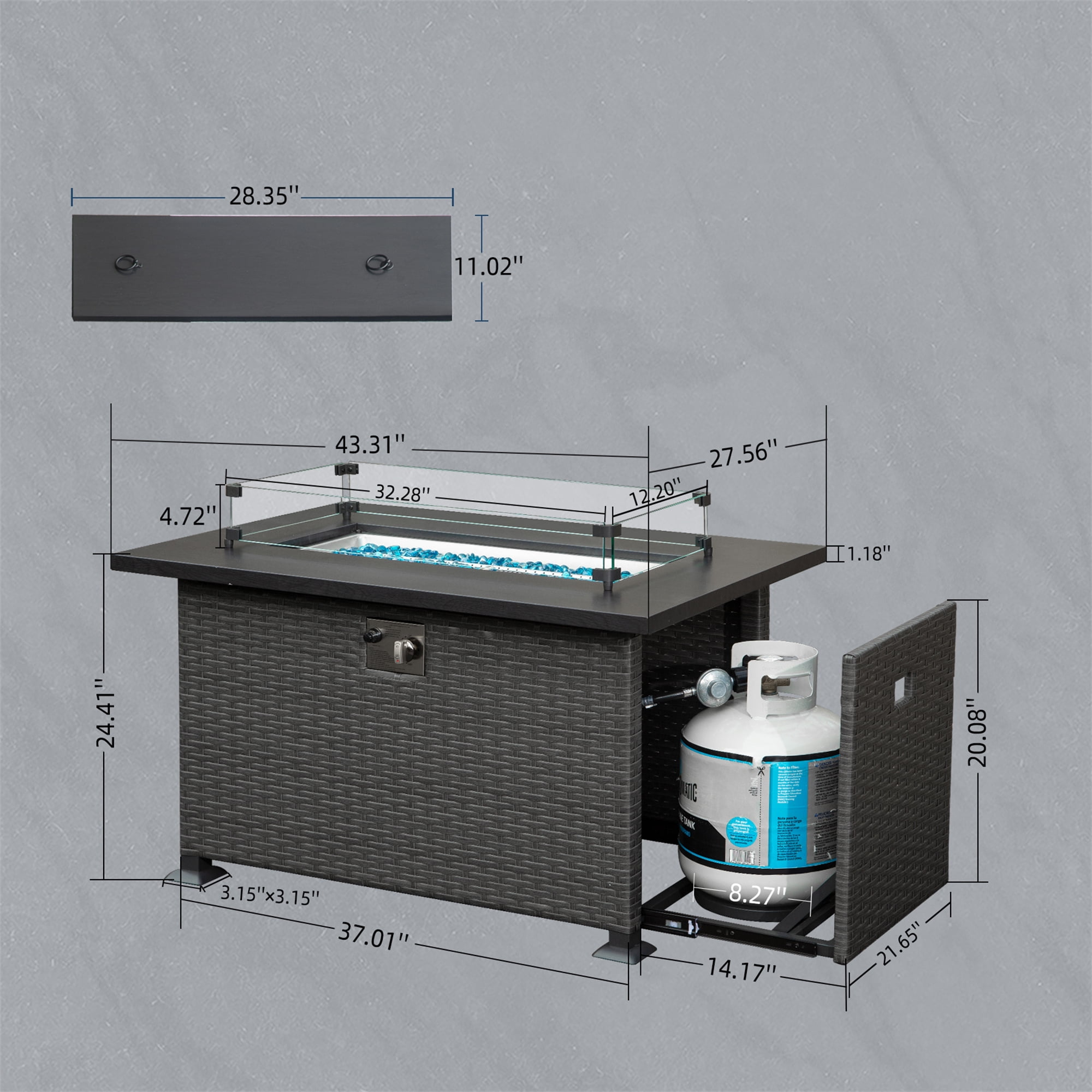 Aimee Lii 43.3" Fire Pit Table with Glass Wind Guard, 50,000 BTU Smokeless Fire Pits for Outside, Outdoor Wicker Gas Fire Pits for Backyard Patio Picnic, Gray