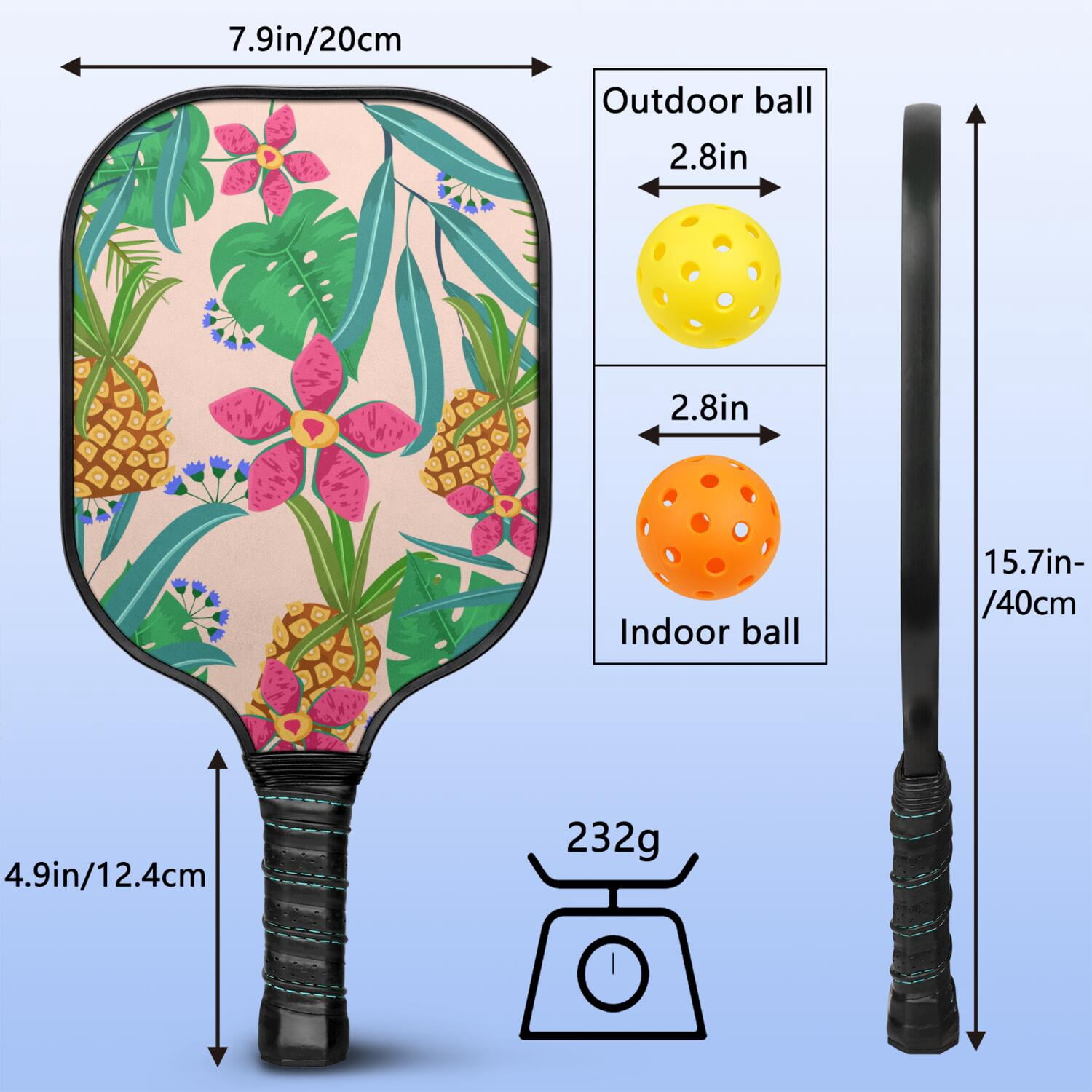Pickleball Paddles Set Of 2, Fiberglass Surface, Tropical Jungle Print, 4 Balls & Bag